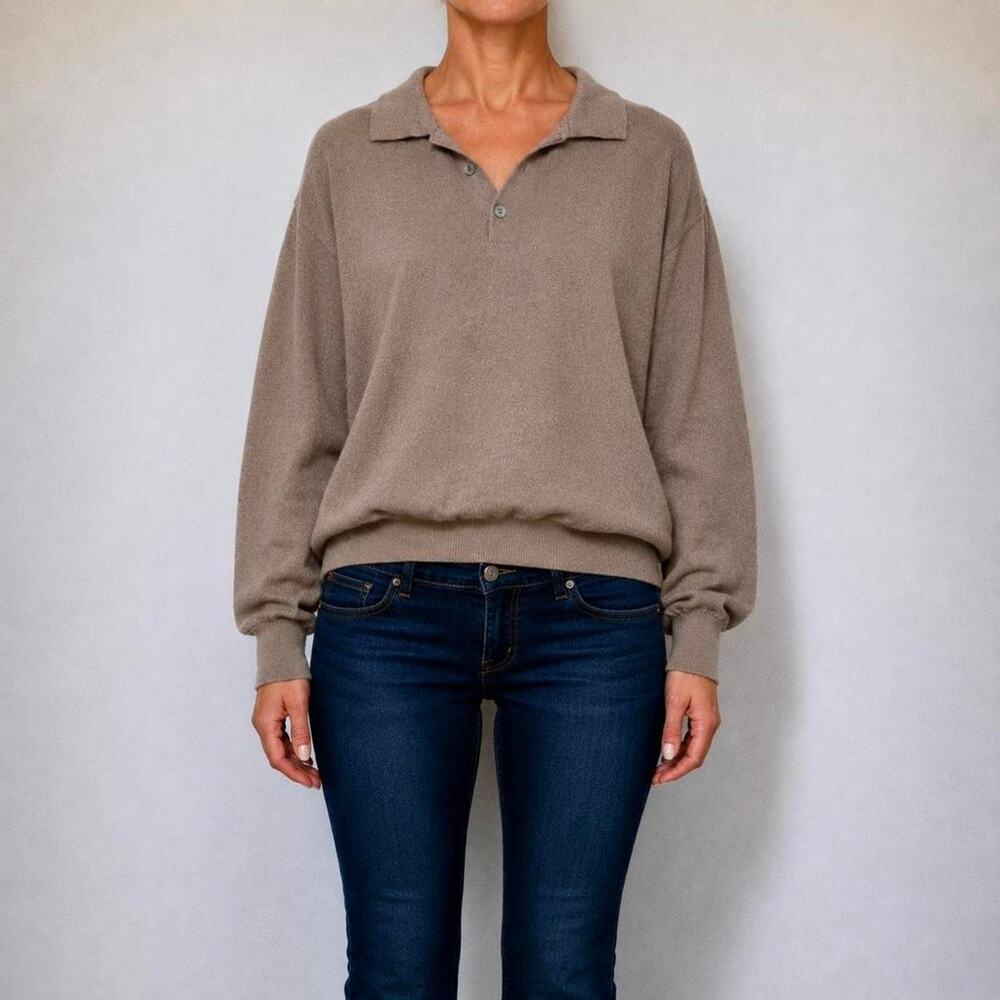 Vintage 90s Italian Taupe brown Oversized Knit Polo Sweater Luxury Size L